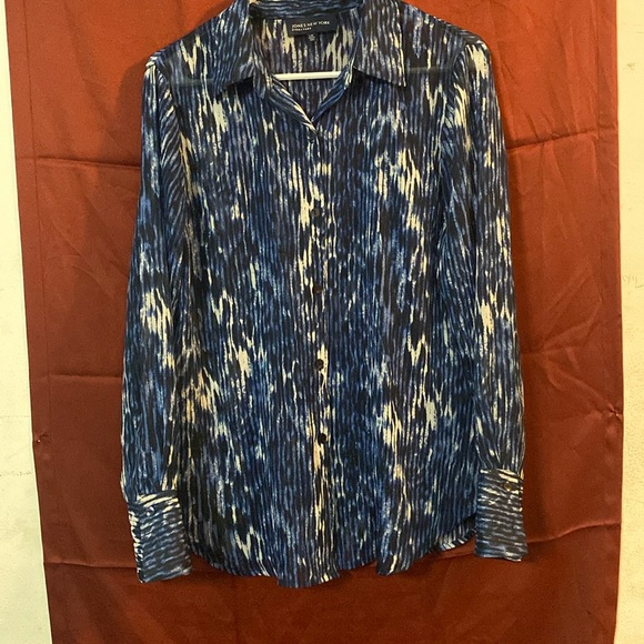 Tops - A Jones New York signature Blue White and silver tied dye printed silk blouse.